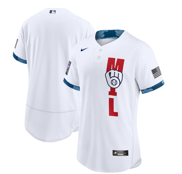 Men's Milwaukee Brewers Blank 2021 White All-Star Flex Base Stitched MLB Jersey Men's Milwaukee Brewers Blank 2021 White All-Star Flex Base Stitched MLB Jersey